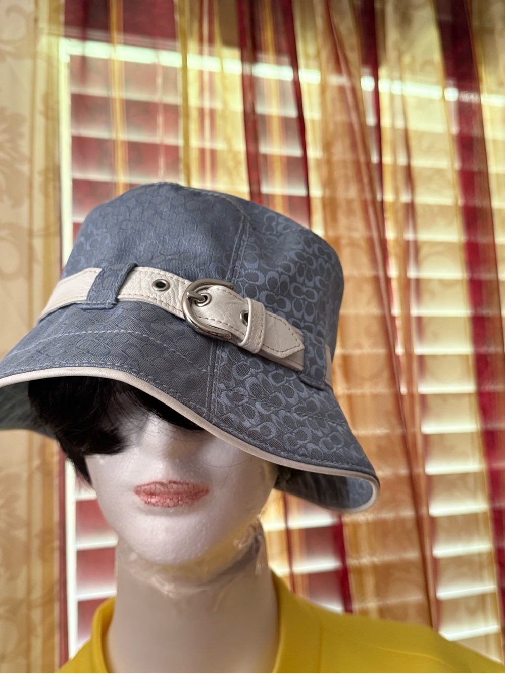 Designer- Coach blue Bucket Hat with Ivory Belt Detail